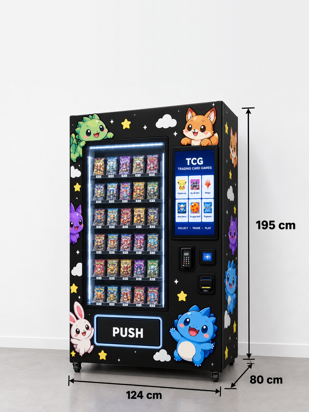 Full-size Drop Culture vending machine with a glass display of booster packs, a touchscreen showing trading card game choices, contactless payment and a lit PUSH retrieval door