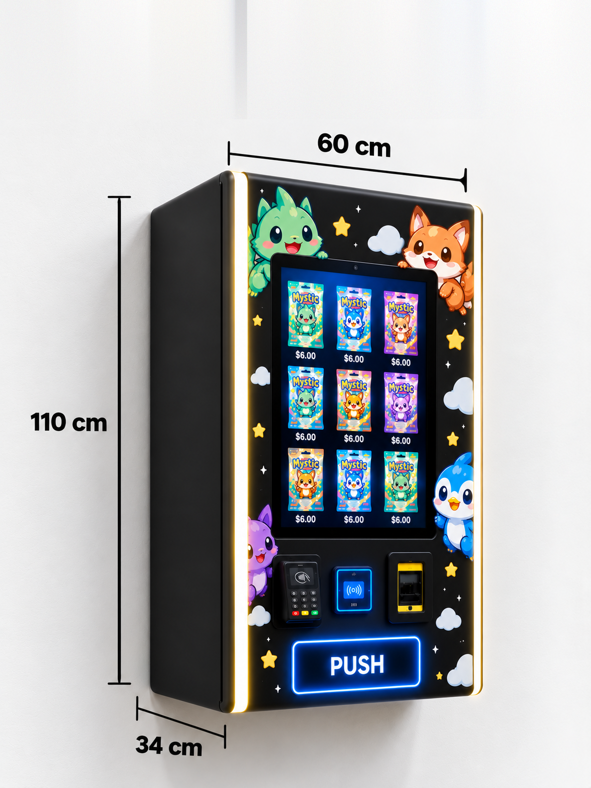 Wall-mounted Drop Culture vending machine with a starry-night wrap and cartoon creatures, a touchscreen showing Mystic card packs, warm LED side lighting and a lit PUSH retrieval door