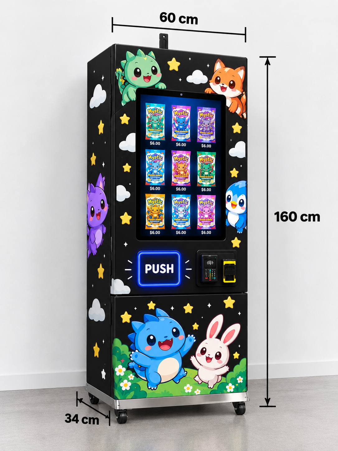 Slim floor-standing Drop Culture vending machine with a starry-night wrap and cartoon creatures, a touchscreen showing Mystic card packs, contactless payment and a lit PUSH retrieval door