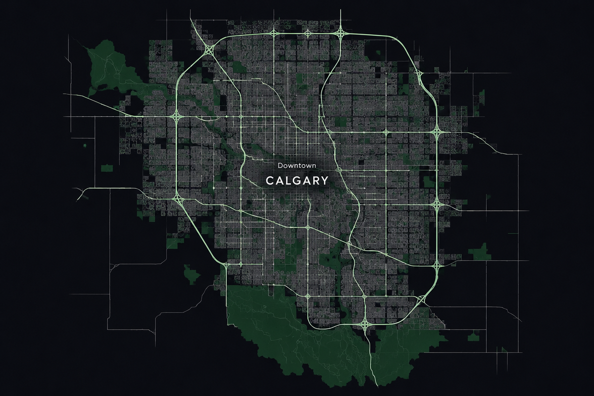 Illustrated map of Calgary with three marked areas: Bowness in the north-west, Wolf Willow in the south-west and Mahogany in the south-east